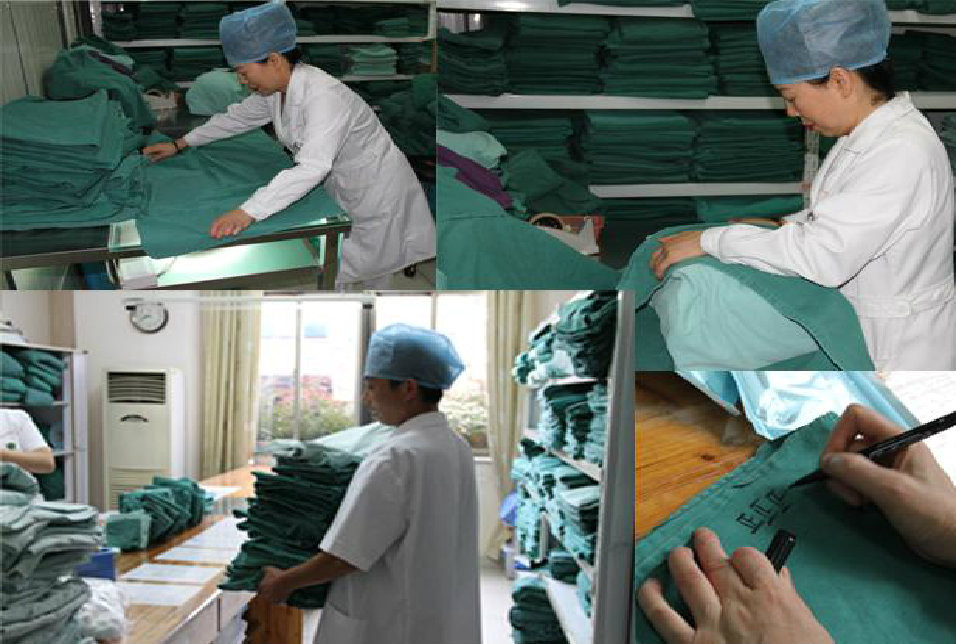 打包也是一个技术活和体力活儿，松了不行，太紧也不行，对包布也有一定要求，根据质控要求，每块包布的寿命是30次，所以每使用一次，我们都会在包布上留有记号。同时我们还要通过光照来看看包布有没有破损、污渍。